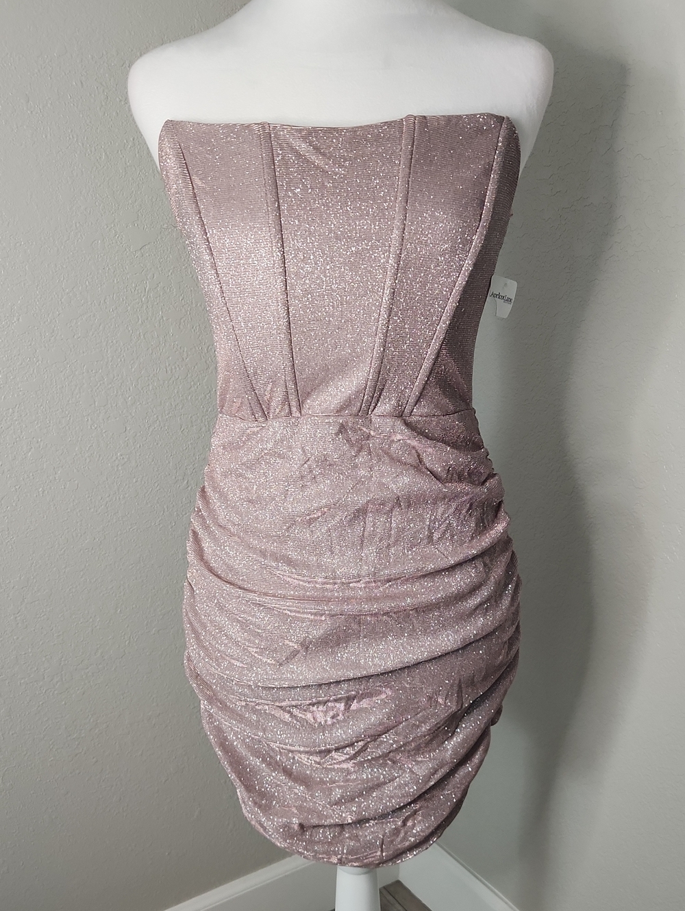 Lovesome Apricot Lane Strapless Metallic Mauve Ruched Bodycon Dress Sparkly Rose - Picture 1 of 7